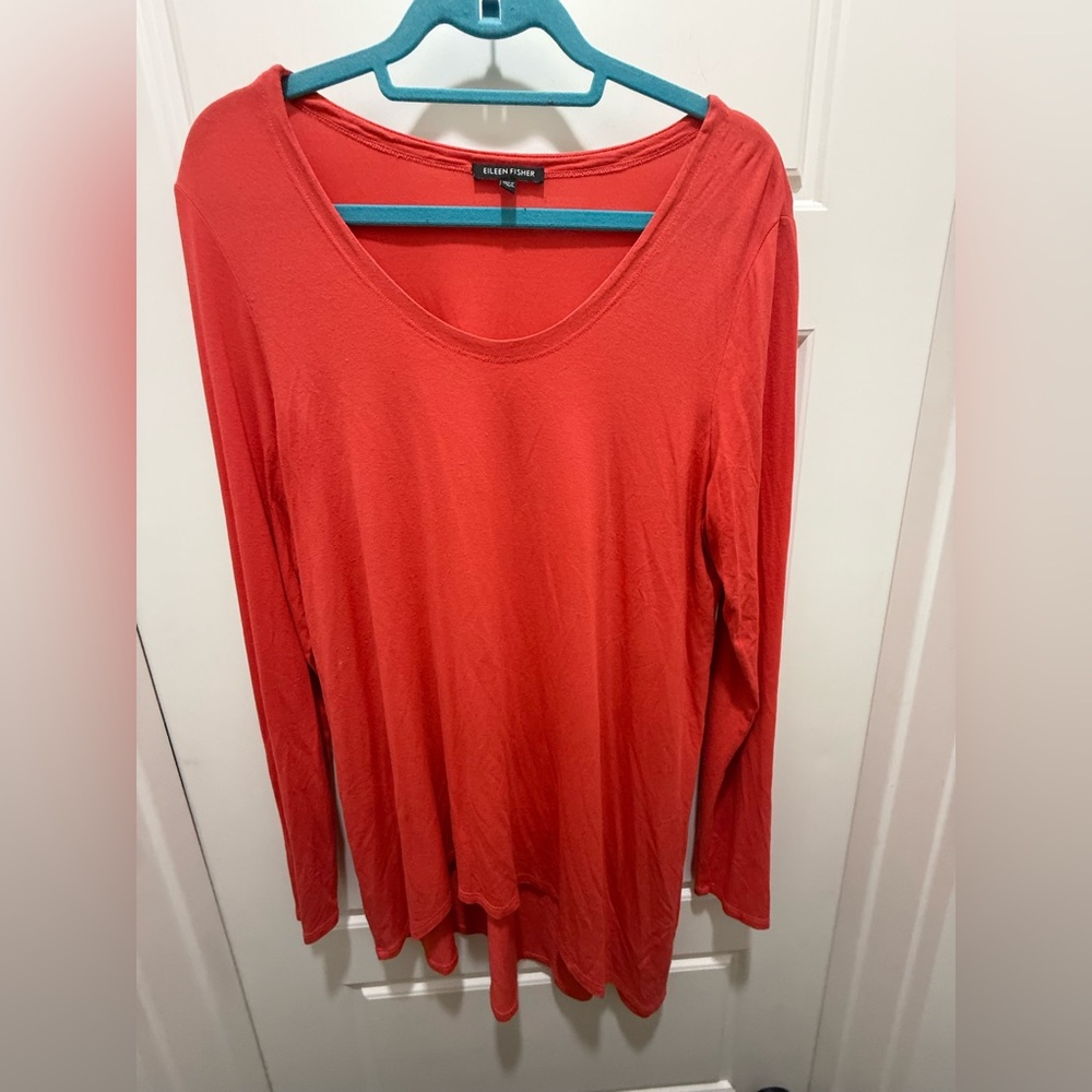 Eileen Fisher. Lightweight Viscose Jersey Long Sleeve Asymmetric. Coral Red. M